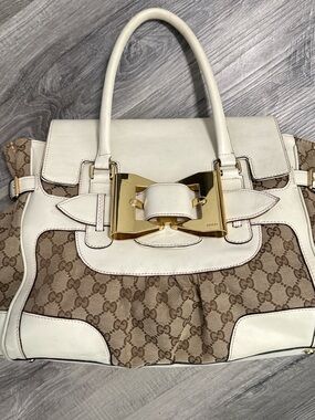 Gucci Beige GG Canvas & White Leather Tote with Gold Bow Buckle